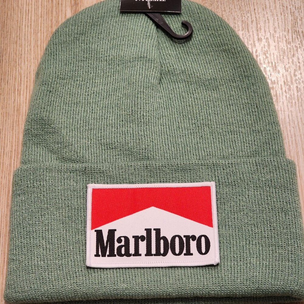 Marlboro Patched Knit Cuffed Beanie in Mint Green.